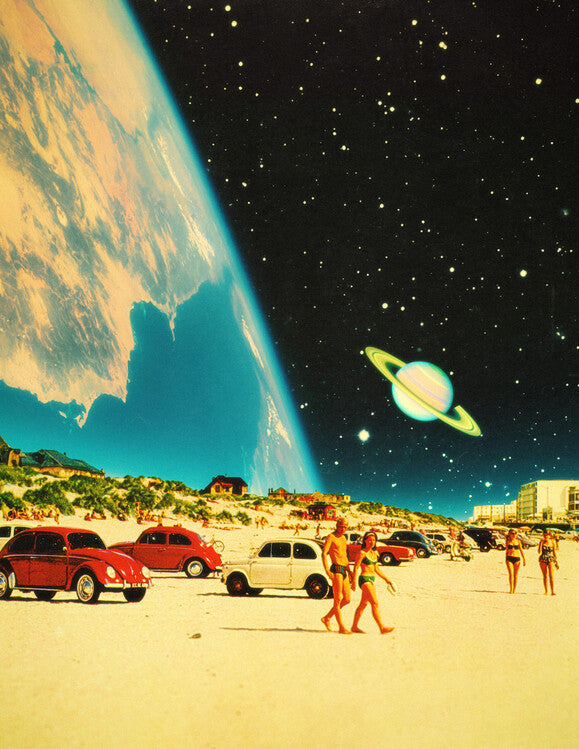 Leinwand Poster, Bilder Galaxy Beach - Retro-Futuristic Collage Space Art, 70 × 90 cm
