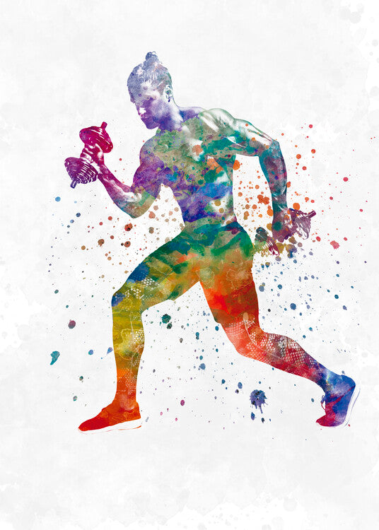 Leinwand Poster, Bilder Young man practices fitness exercise in watercolor, 65 × 90 cm