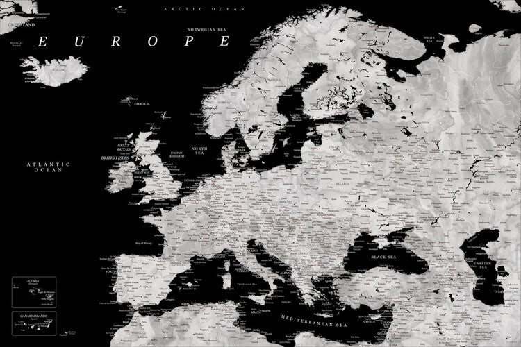 Blursbyai - Black and grey Europe map Poster, Plakat, 60 × 40 cm