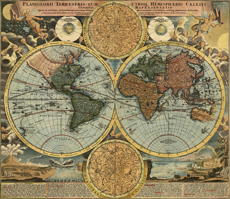 Leinwand Poster, Bilder Vintage World Continents Map 1663, 80 × 70 cm