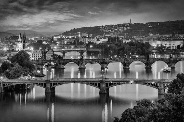 Leinwand Poster, Bilder Evening view over the Vltava bridges in Prague, 90 × 60 cm