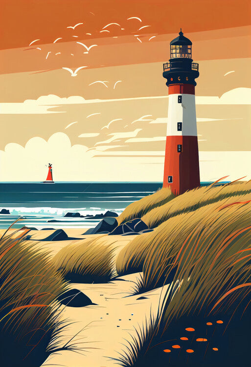 Leinwand Poster, Bilder Lighthouse in the sunset - North Germany, 60 × 90 cm