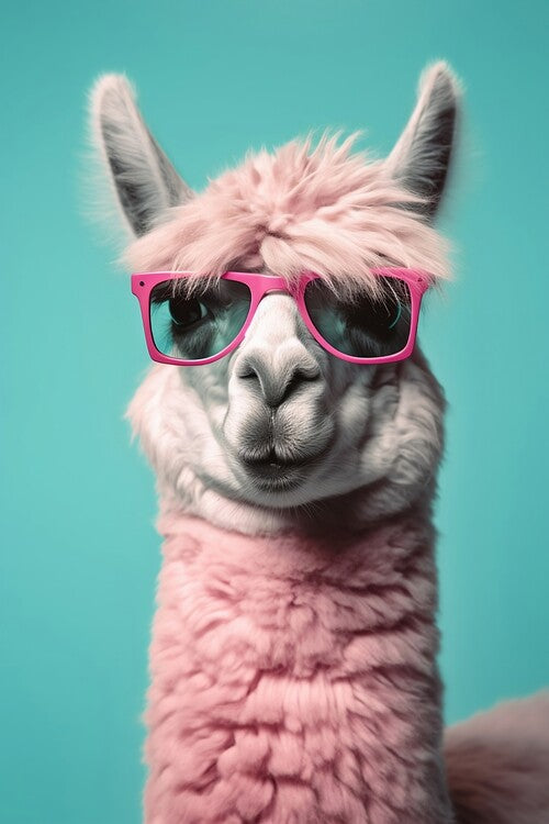 Leinwand Poster, Bilder Pink alpaca wearing turquoise sunglasses, 60 × 90 cm