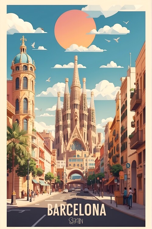 Leinwand Poster, Bilder Vintage Barcelona Travel Poster: Explore Spanish Beauty Post, 60 × 90 cm