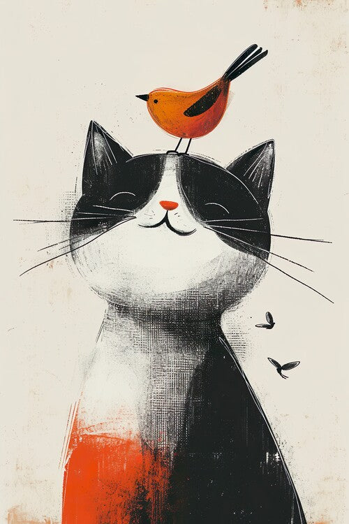 Leinwand Poster, Bilder Animal Friendship Bird and Cat, 60 × 90 cm