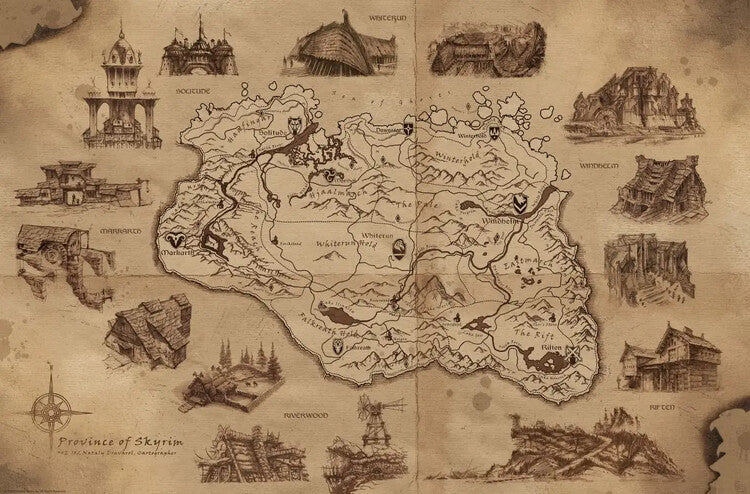 The Elder Scrolls V: Skyrim - Illustrated Map Poster, Plakat, 91.5 × 61 cm
