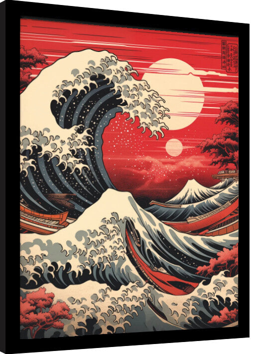 Wave Collection - Red Hue SUnset Gerahmte Poster, Bilder, 34.3 × 44.5 cm
