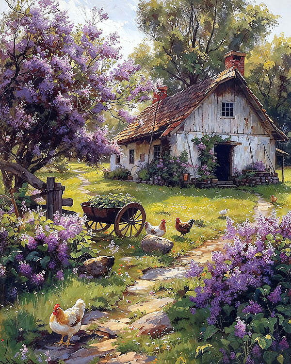 Leinwand Poster, Bilder Flowers and poultry in a wooden cabin garden, canvas decor, 70 × 90 cm