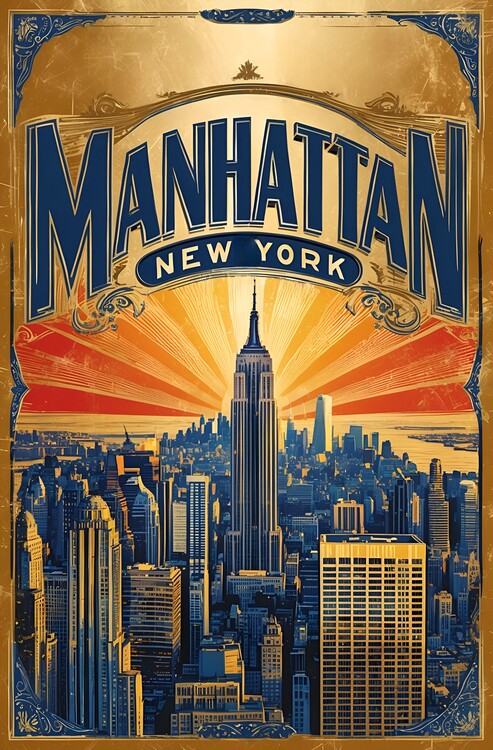Leinwand Poster, Bilder Vintage Manhattan Illustration – Classic Art of NYC Skyline, 60 × 90 cm