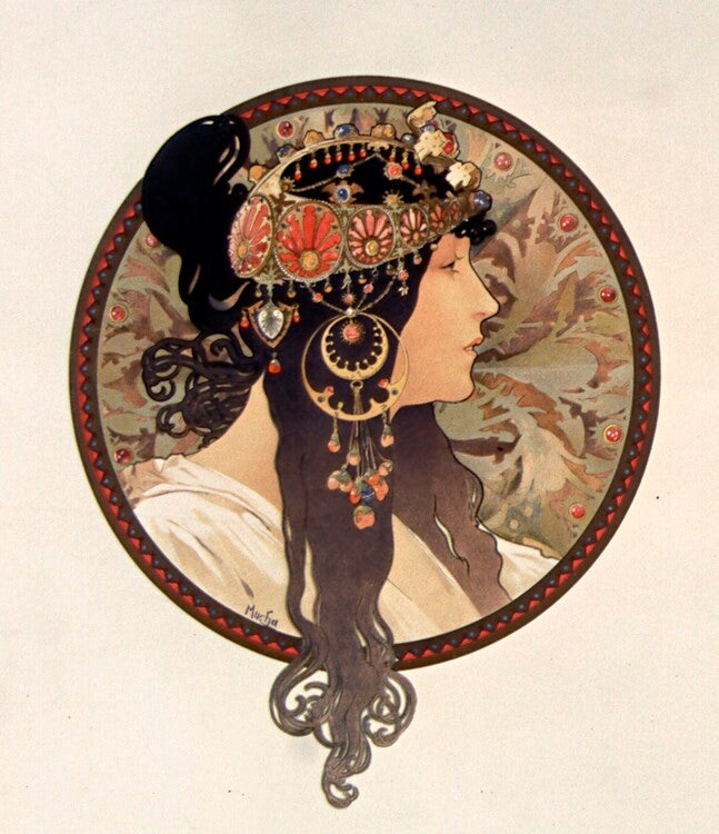 Byzantine head of a brunette; Tete byzantine d'une brunette, Alfons Mucha Poster, Plakat, 34.5 × 40 cm