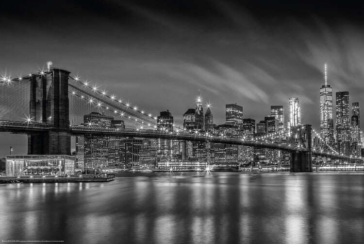 BROOKLYN BRIDGE Nightly Impressions | Monochrome Poster, Plakat, 91.5 × 61 cm