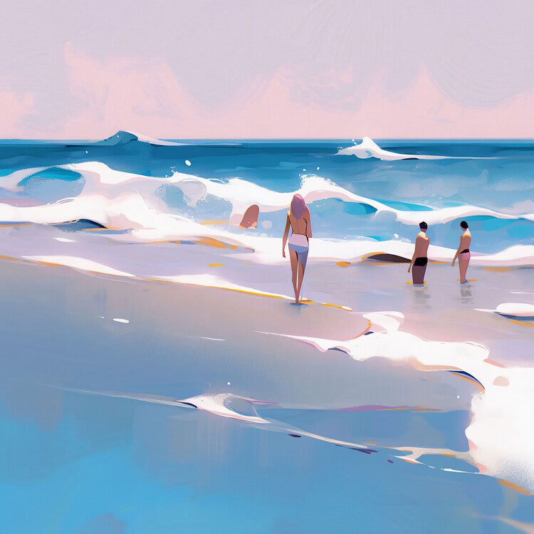 Leinwand Poster, Bilder People on the Beach Minimalist Watercolor with Waves, 70 × 70 cm