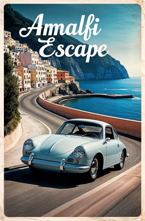 Leinwand Poster, Bilder Retro Porsche Illustration: Coastal Driving Charm, 60 × 90 cm