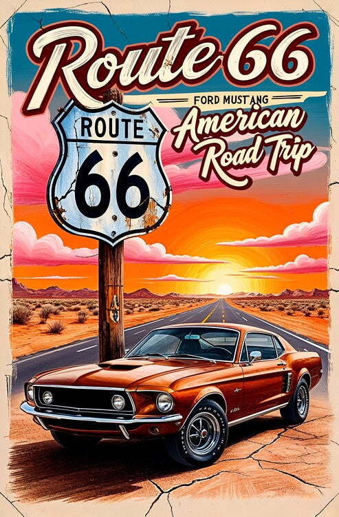 Leinwand Poster, Bilder Ford Mustang Route 66 Poster: Vintage Road Trip Art, 60 × 90 cm