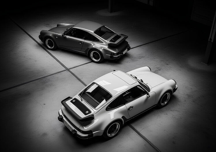 Leinwand Poster, Bilder Porsche 911 Turbo Pair in Garage - Monochrome Classic Cars, 90 × 65 cm
