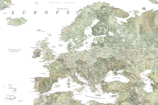 Leinwand Poster, Bilder Detailed map of Europe in green watercolor, Blursbyai, 90 × 60 cm