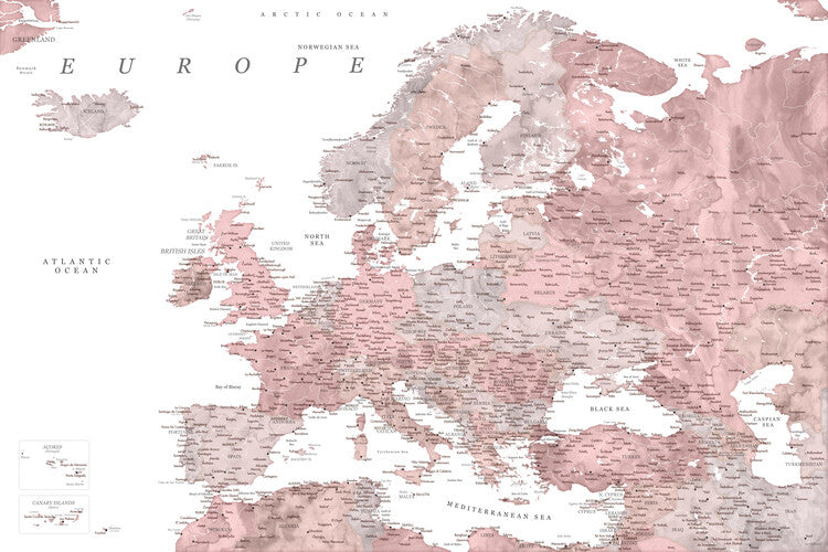 Leinwand Poster, Bilder Detailed map of Europe in dusty pink and grey watercolor, Blursbyai, 90 × 60 cm
