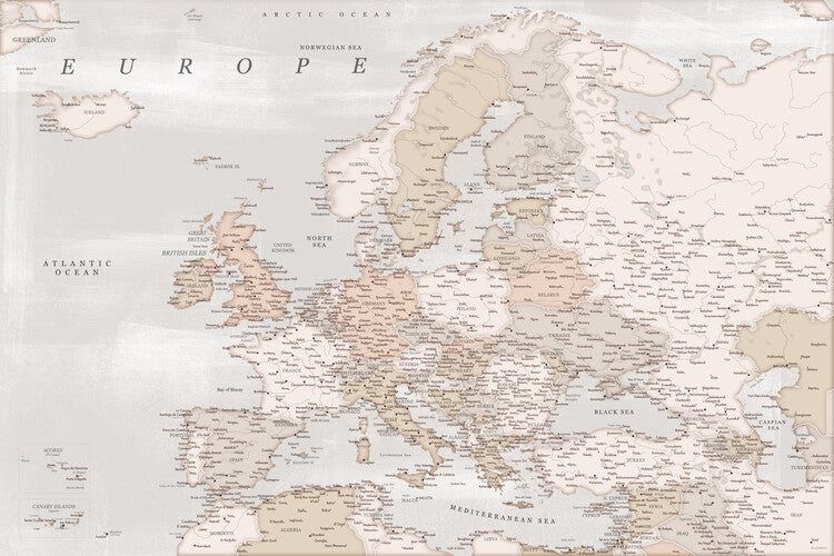 Leinwand Poster, Bilder Detailed map of Europe in rustic style, Blursbyai, 90 × 60 cm