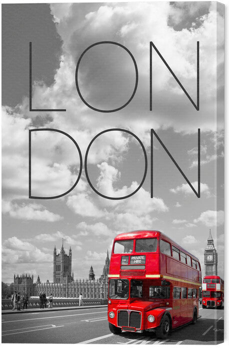 Leinwand Poster, Bilder Red Buses in London | Text & Skyline, 40 × 60 cm