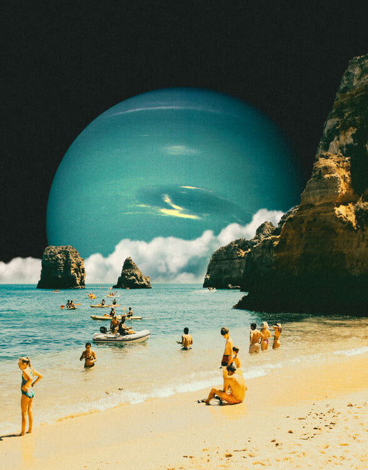 Leinwand Poster, Bilder Space Beach - Retro-Futuristic Collage Beach Art Design, 70 × 90 cm