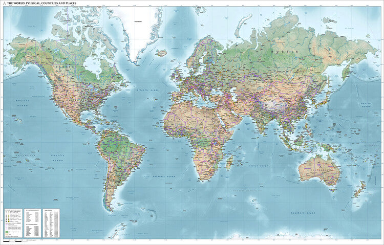 Leinwand Poster, Bilder Mercator world map (physical, political, population) From Janwillemvanaalst, 100 × 65 cm