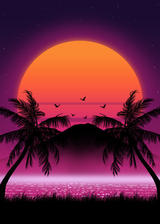Leinwand Poster, Bilder 80s Palm tree Sunset, 65 × 90 cm