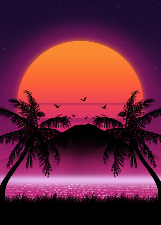Leinwand Poster, Bilder 80s Palm tree Sunset, 65 × 90 cm