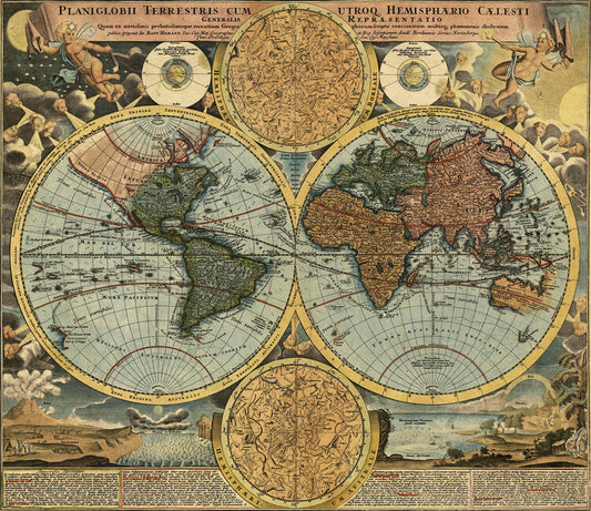 Leinwand Poster, Bilder Vintage World Continents Map 1663, 80 × 70 cm