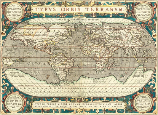 Leinwand Poster, Bilder Vintage Historic Map - Typus Orbis Terrarum, 1595, Abraham Ortelius, 90 × 65 cm