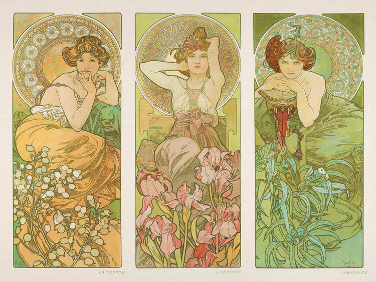 The Precious Stones: Topaz, Amethyst & Emerald, Alfons Mucha Poster, Plakat, 40 × 30 cm