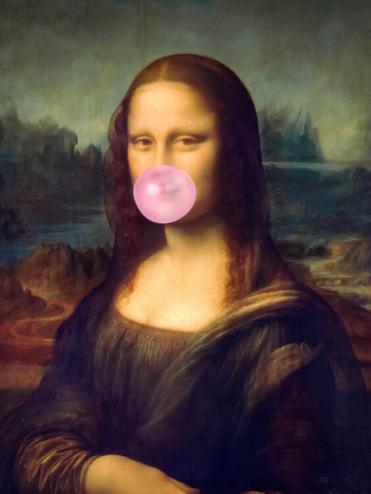 Leinwand Poster, Bilder Mona Lisa Bubble Gum - Funny Minimalist Collage, 60 × 80 cm