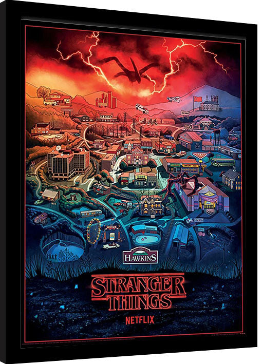 Stranger Things - Hawkins Town Gerahmte Poster, Bilder, 34.3 × 44.5 cm