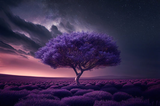 Leinwand Poster, Bilder Tree in the middle of a lavender field, 90 × 60 cm