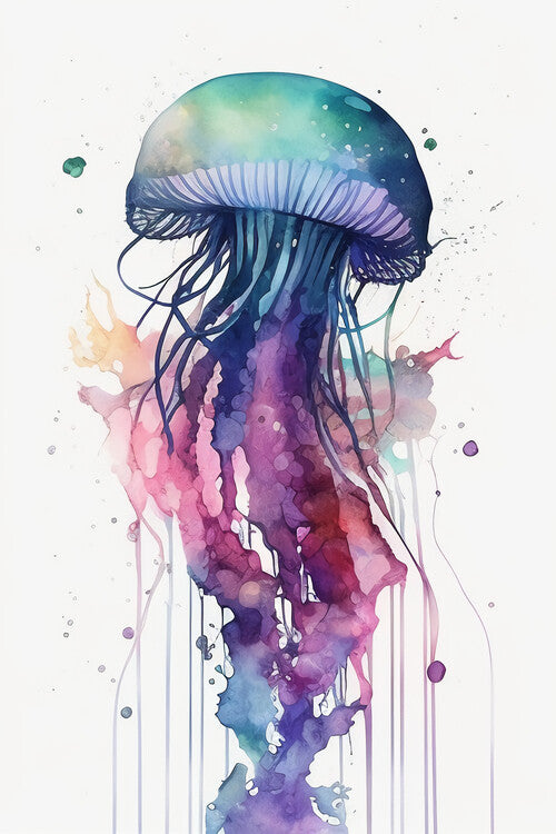 Leinwand Poster, Bilder méduse L'eau Tropical Récif Vie sous-marin Océan Aquarelle, 60 × 90 cm
