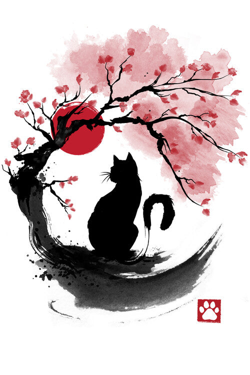 Leinwand Poster, Bilder Sakura Cat sumi-e, 60 × 90 cm