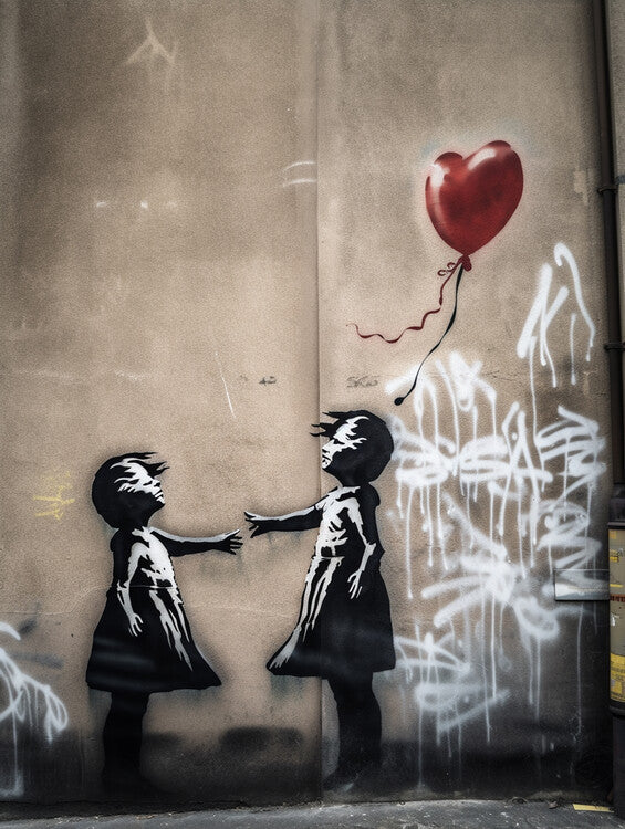 Leinwand Poster, Bilder Two girls and a Balloon , Banksy style, 60 × 80 cm