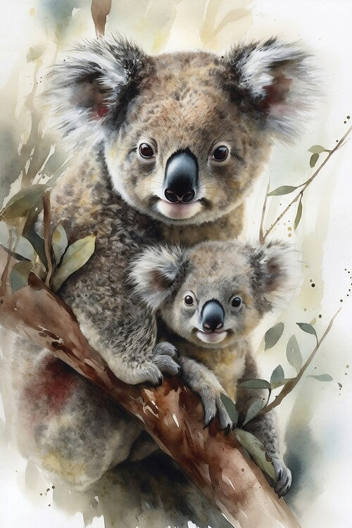Leinwand Poster, Bilder A watercolour illustration of a cute koala bear and her cub, 60 × 90 cm