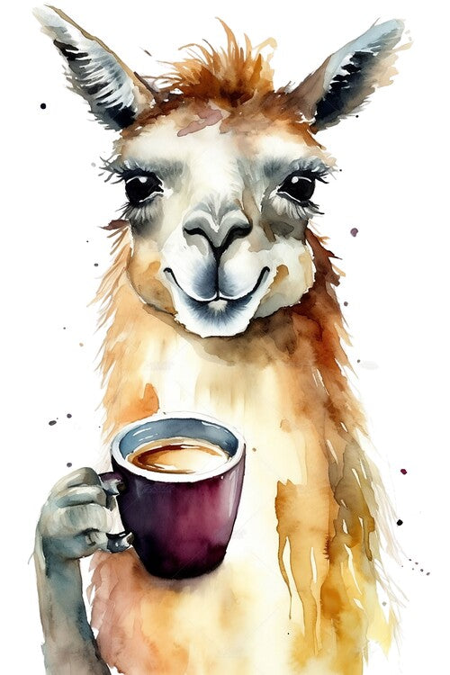 Leinwand Poster, Bilder Smiling llama drinking coffee in the morning, 60 × 90 cm