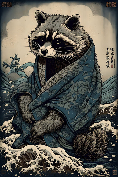 Leinwand Poster, Bilder Traditional Japanese Ukiyo-e Raccoon, 60 × 90 cm