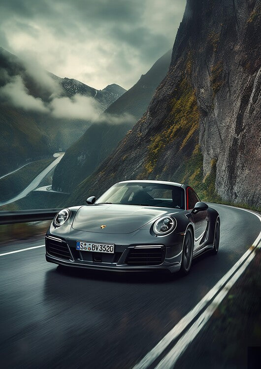 Leinwand Poster, Bilder 911 Carrera Sport Car racing in the Mountains, 65 × 90 cm