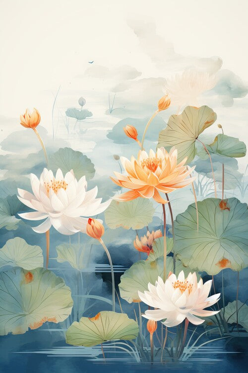 Leinwand Poster, Bilder Flowers in the pond in Japanese painting style, 60 × 90 cm