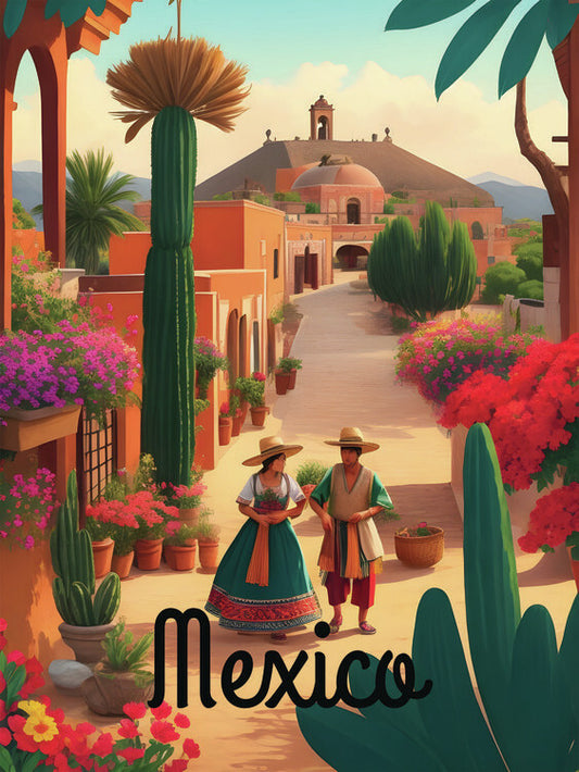 Leinwand Poster, Bilder Mexico Traditional Village Scene Travel Poster, 55 × 75 cm