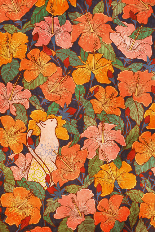 Leinwand Poster, Bilder Cat and hibiscus, 60 × 90 cm
