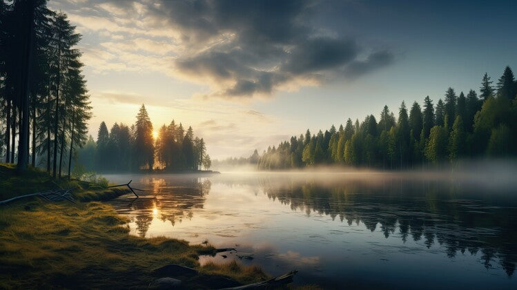 Leinwand Poster, Bilder A lake surrounded by trees and fog at sunset, 90 × 50 cm