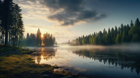 Leinwand Poster, Bilder A lake surrounded by trees and fog at sunset, 90 × 50 cm