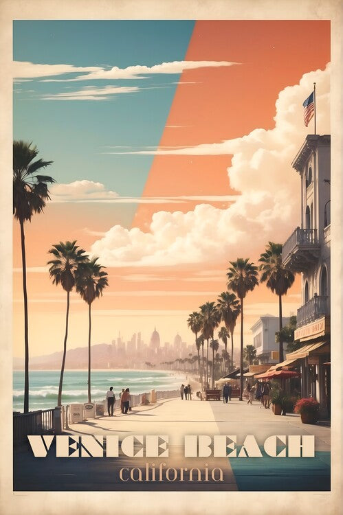Leinwand Poster, Bilder Venice Beach Vintage Travel Poster - Coastal Nostalgia Art, 60 × 90 cm