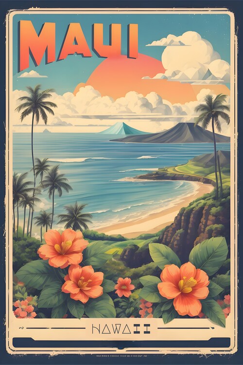 Leinwand Poster, Bilder Maui's Vintage Charm: Retro Travel Poster Poster, 60 × 90 cm