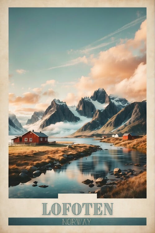 Leinwand Poster, Bilder Arctic Serenity: Vintage Travel Poster of Lofoten, 60 × 90 cm