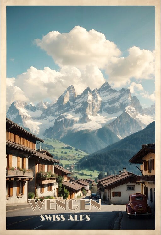 Leinwand Poster, Bilder Wengen Vintage Travel Poster - Swiss Alps Art, 60 × 90 cm