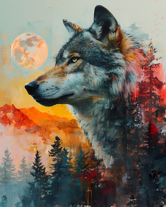 Leinwand Poster, Bilder A wolf in a colorful forrest, 70 × 90 cm